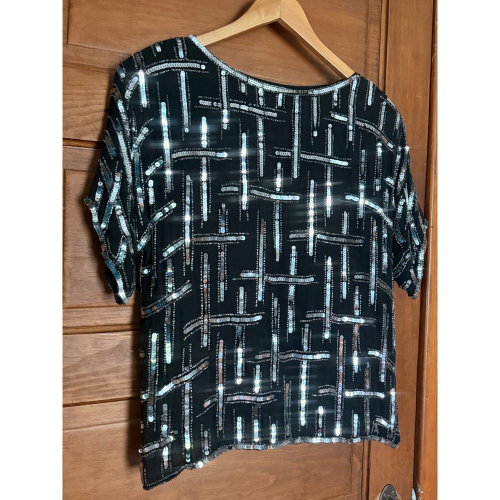 Vintage Carina Silk Sequin Beaded Blouse Black Silver Geometric Evening Top L